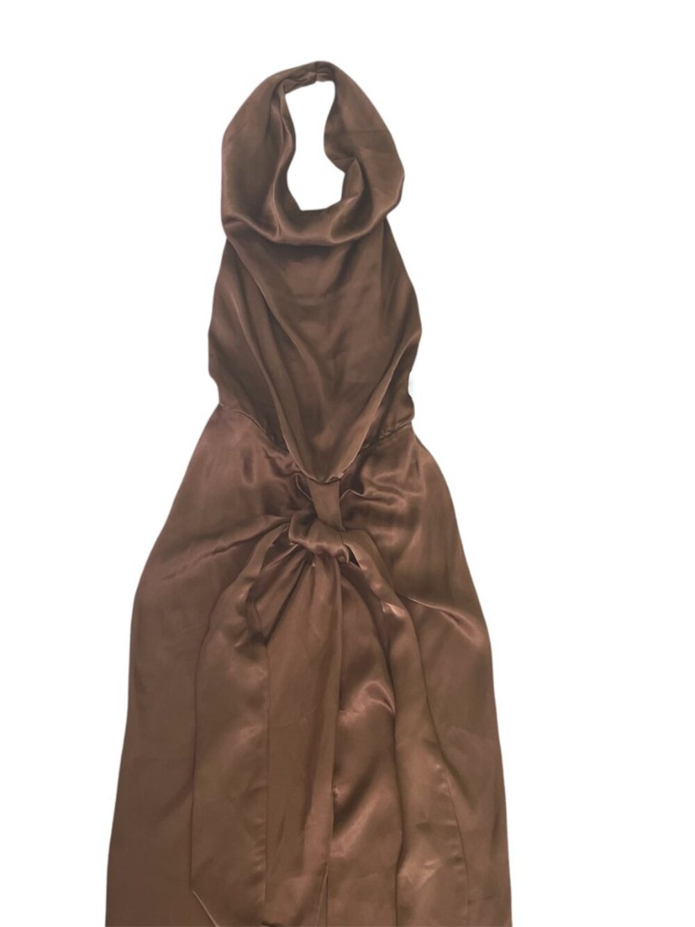 ZARA Brown Satin Halter Midi Dress XS Open Back Slit Prom Party Wedding NWT - Picture 7 of 9